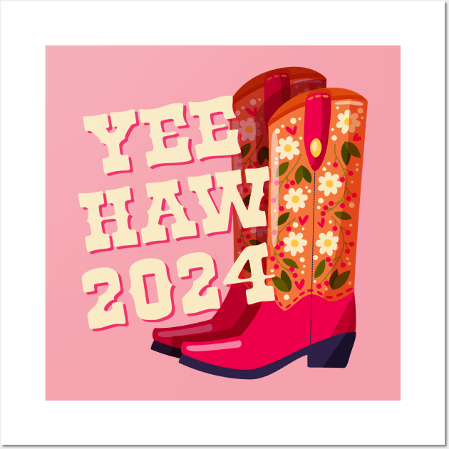 A pair of cowboy boots decorated with flowers and a hand lettering message Yeehaw 2024 on pink background. Happy New Year colorful hand drawn vector illustration in bright vibrant colors. Wall Art by BlueLela